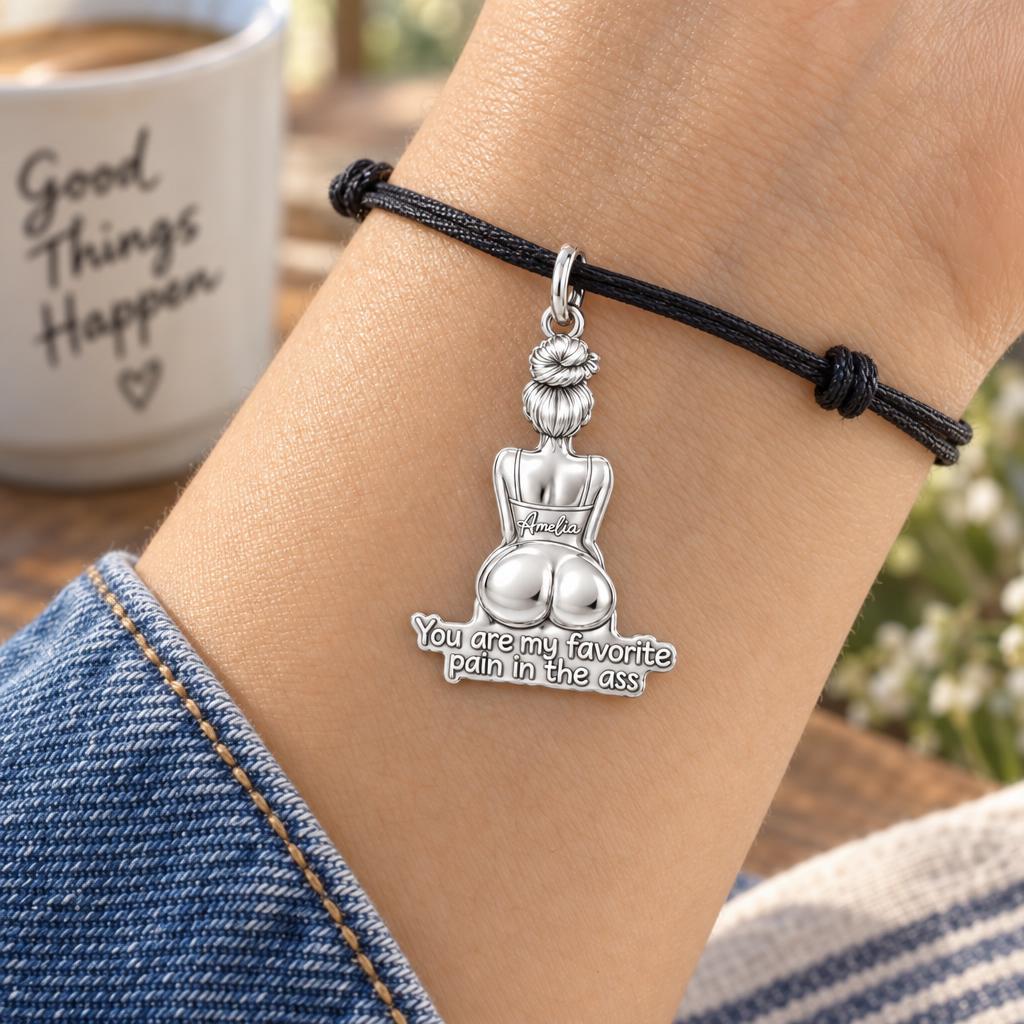 Favorite Pain in the Ass Charm Bracelet – Personalized Gift – worn on the wrist on a black cord bracelet