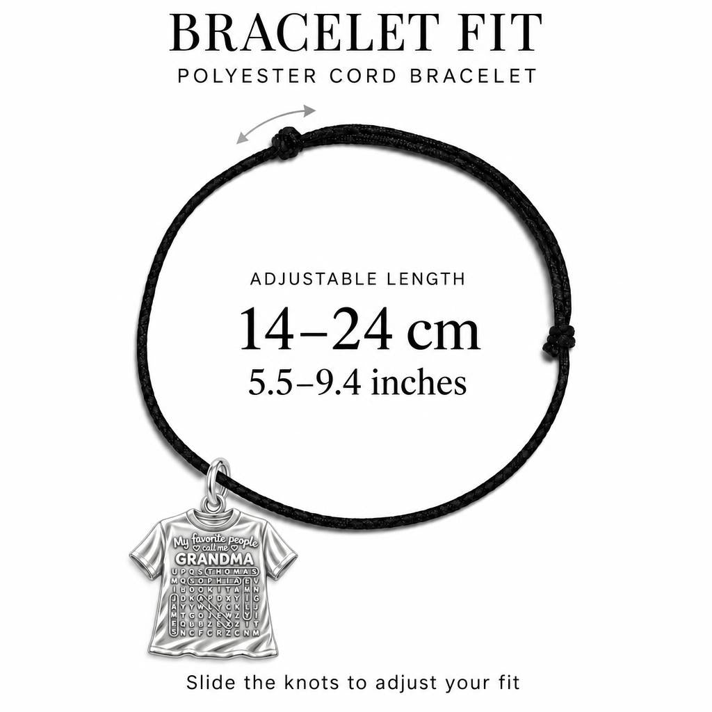 Favorite People Word Search Charm Bracelet – Personalized Nana Gift – adjustable black cord bracelet, 14–24 cm
