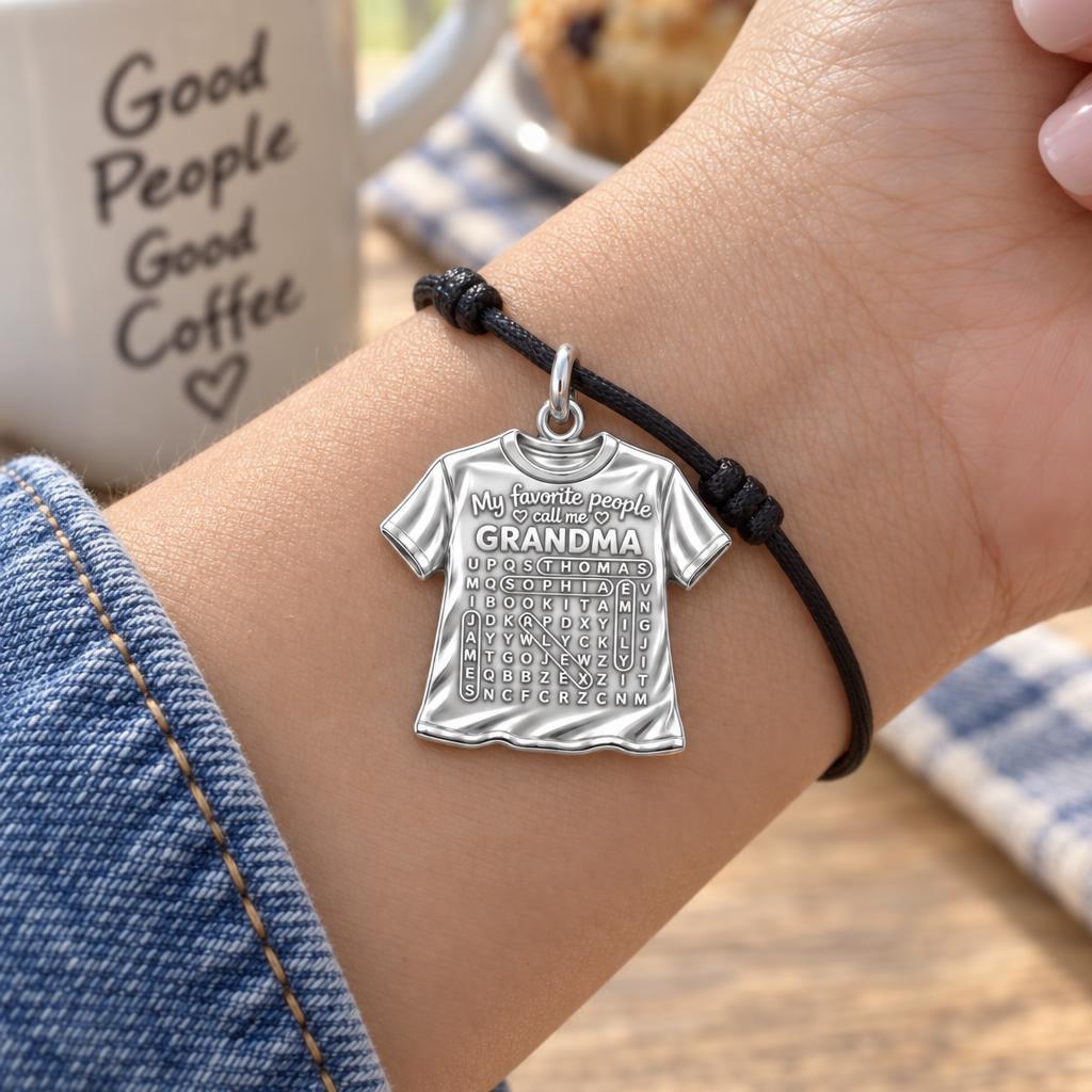 Favorite People Word Search Charm Bracelet – Personalized Nana Gift – worn on the wrist on a black cord bracelet