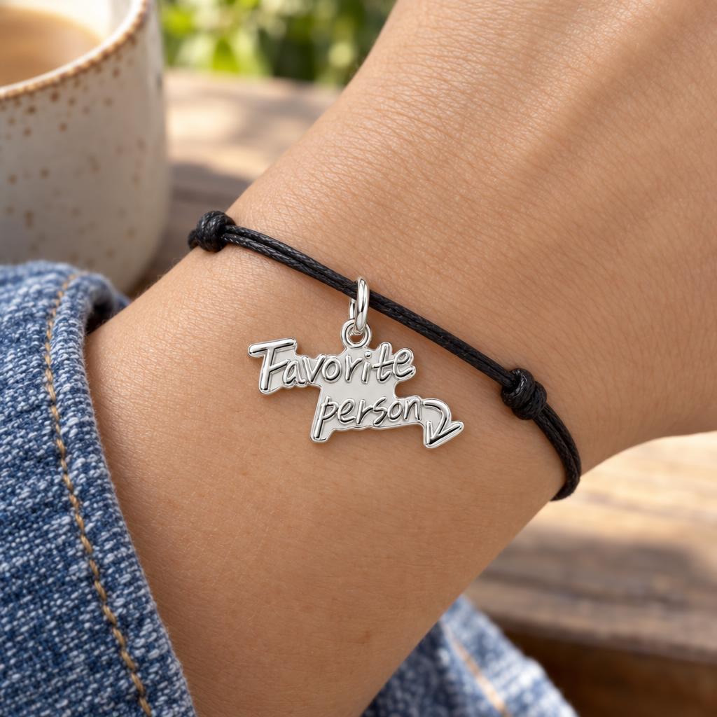 Favorite Person Charm Bracelet – Personalized Couple Gift – worn on the wrist on a black cord bracelet