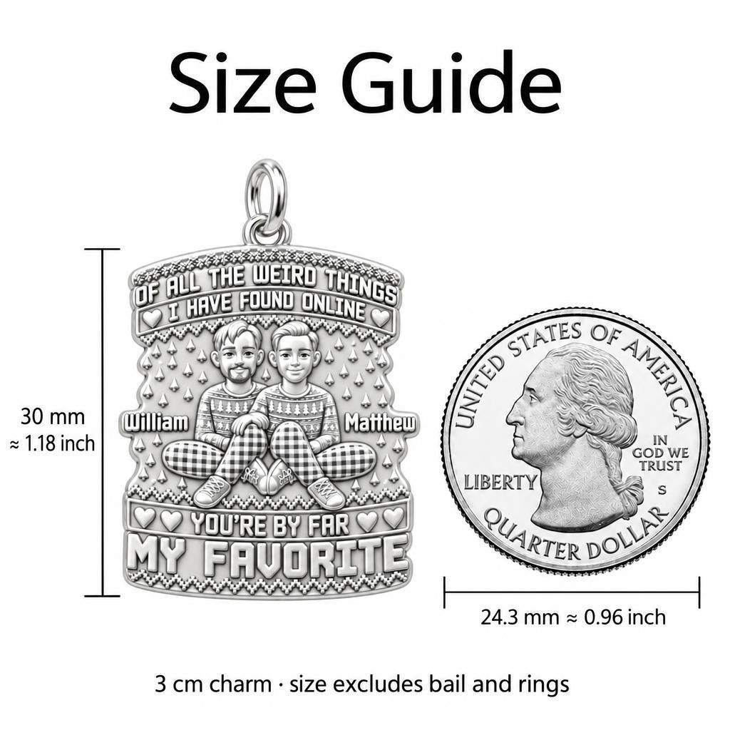 Favorite Weird Find Charm Bracelet – Personalized Couple Gift – size guide, 3 cm charm next to a quarter