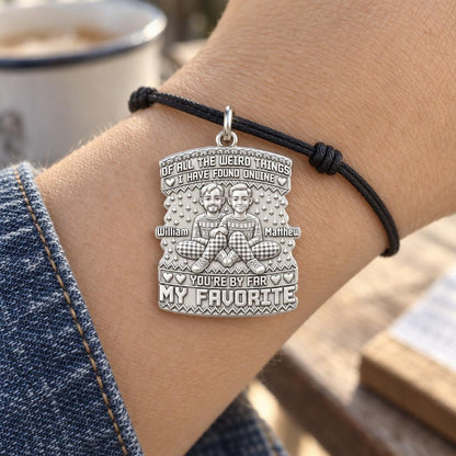 Favorite Weird Find Charm Bracelet – Personalized Couple Gift – worn on the wrist on a black cord bracelet