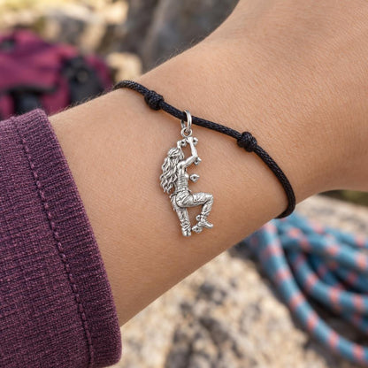 Fearless Rock Climber Charm Bracelet – Personalized Athlete Gift – worn on the wrist on a black cord bracelet