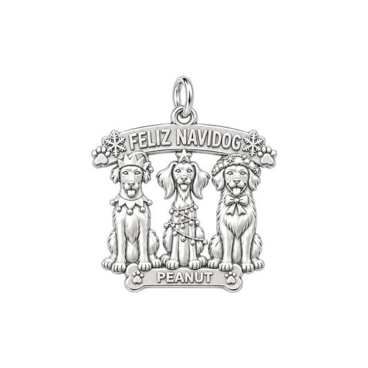 Feliz Navidog Pups Charm Bracelet – Personalized Dog Mom Gift – silver plated 3 cm charm, front view