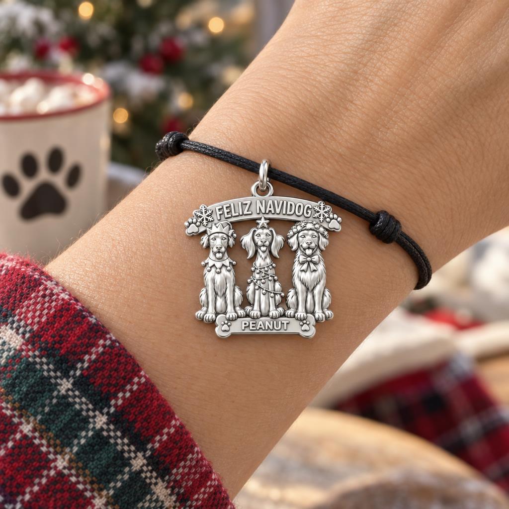 Feliz Navidog Pups Charm Bracelet – Personalized Dog Mom Gift – worn on the wrist on a black cord bracelet