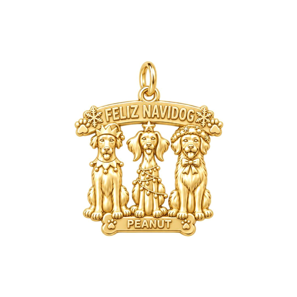 Feliz Navidog Pups Charm Bracelet – Personalized Dog Mom Gift – 18K gold plated 3 cm charm, front view