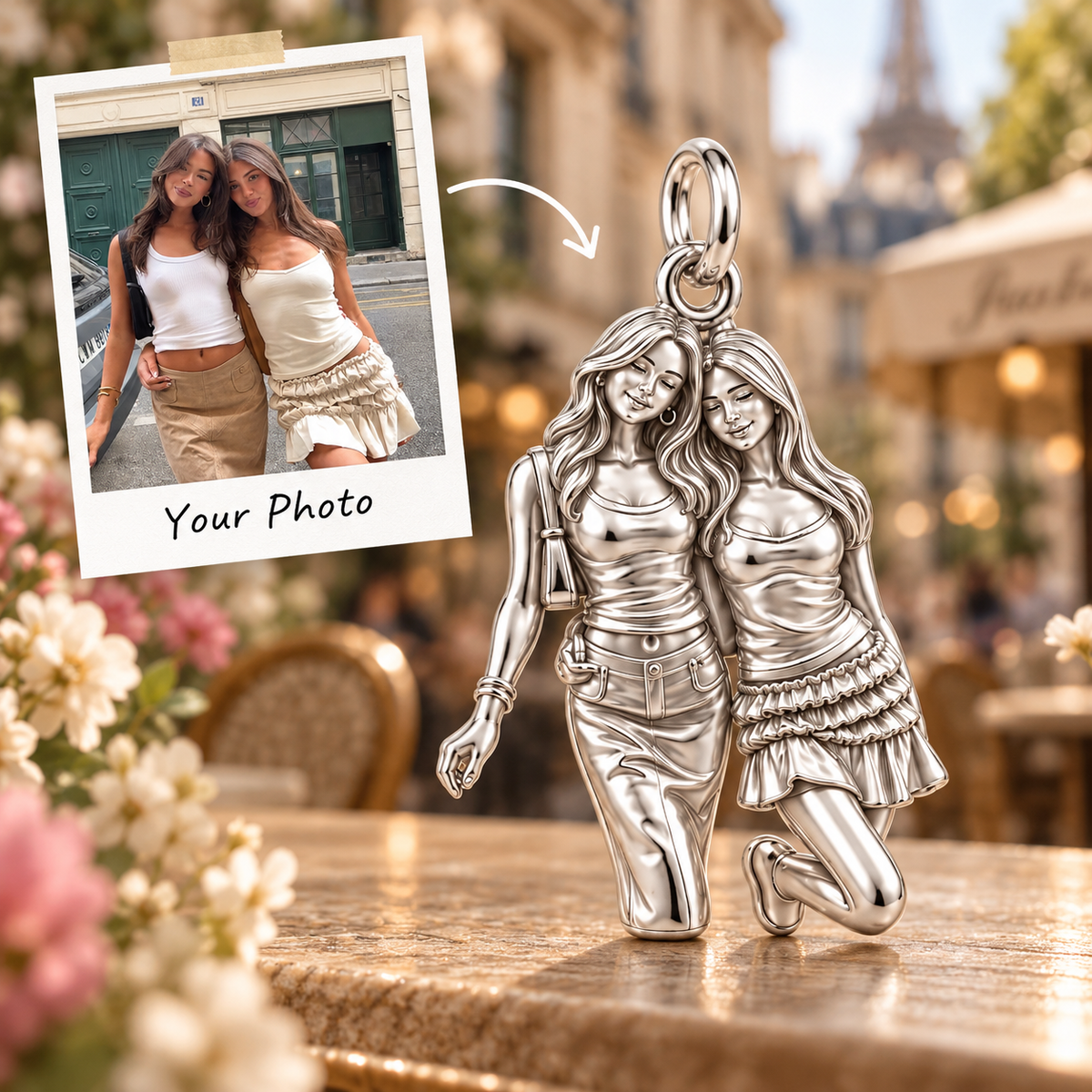 Female Best Friends Inseparable Charm Bracelet – Personalized Besties Gift – macro detail of the charm