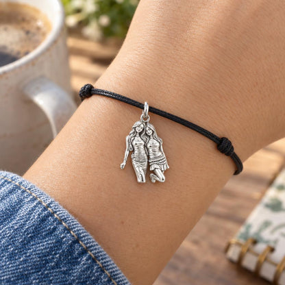 Female Best Friends Inseparable Charm Bracelet – Personalized Besties Gift – worn on the wrist on a black cord bracelet