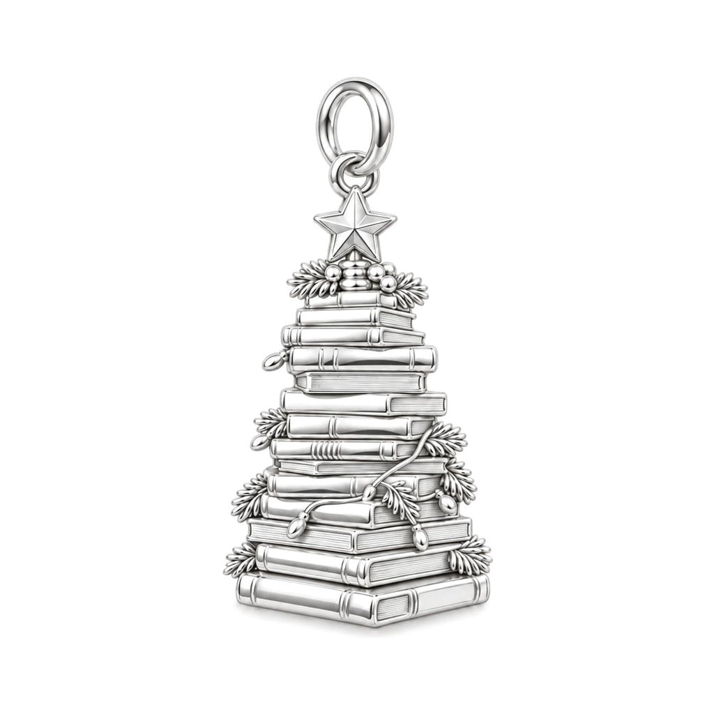 Festive Book Stack Tree Charm Bracelet – Personalized Book Lover Gift – silver plated 3 cm charm, front view