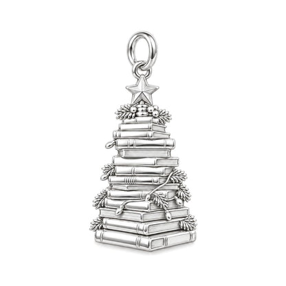 Festive Book Stack Tree Charm Bracelet – Personalized Book Lover Gift – silver plated 3 cm charm, front view
