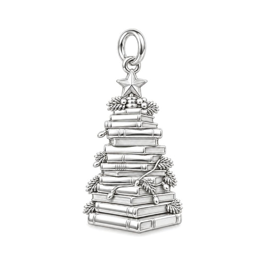 Festive Book Stack Tree Charm Bracelet – Personalized Book Lover Gift – silver plated 3 cm charm, front view