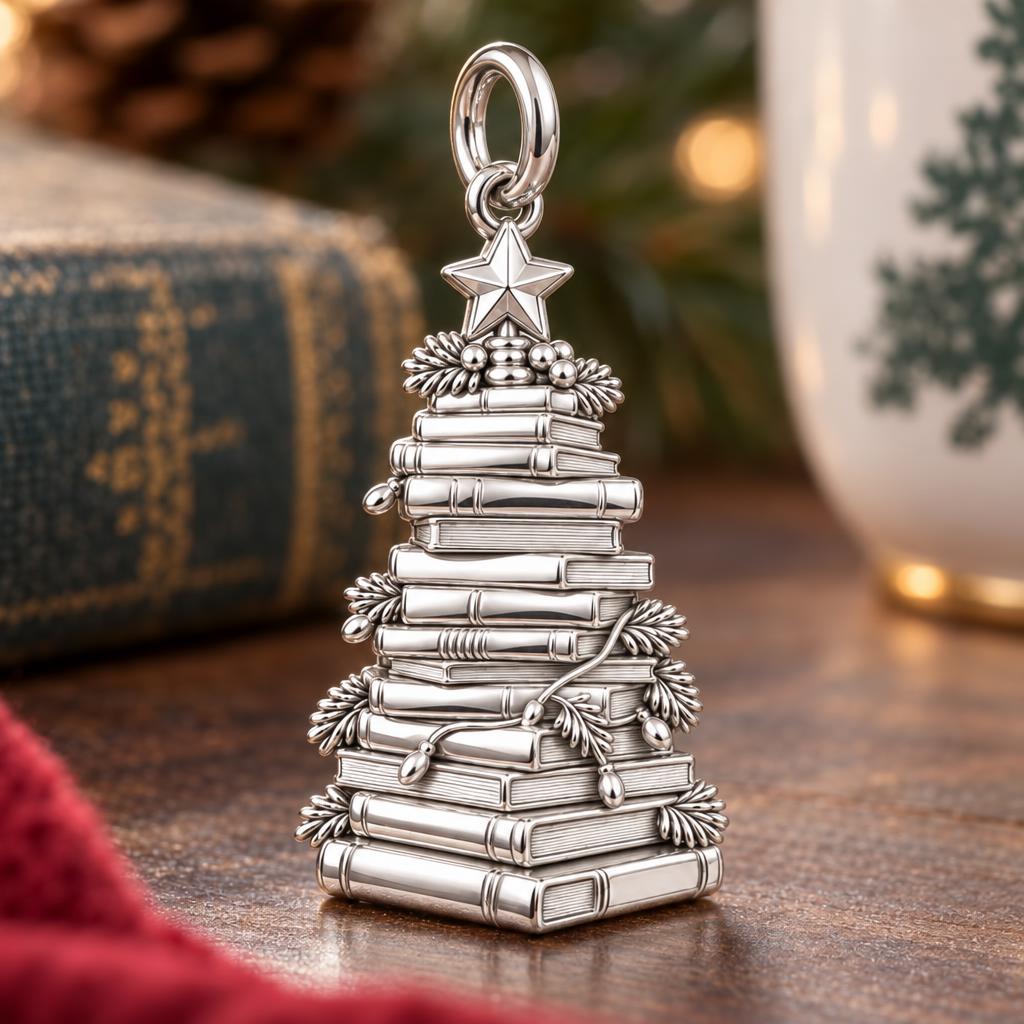 Festive Book Stack Tree Charm Bracelet – Personalized Book Lover Gift – macro detail of the charm