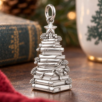 Festive Book Stack Tree Charm Bracelet – Personalized Book Lover Gift – macro detail of the charm