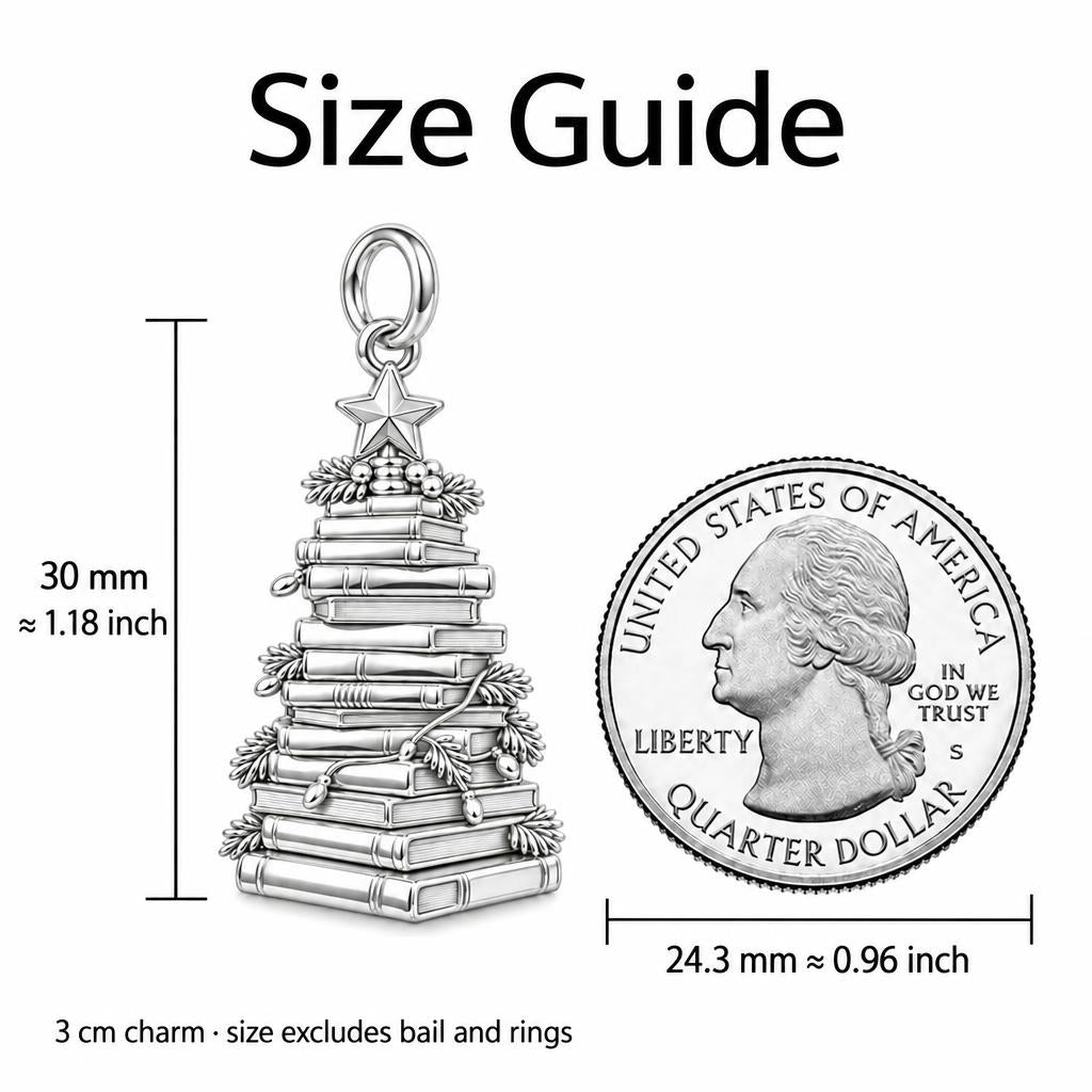 Festive Book Stack Tree Charm Bracelet – Personalized Book Lover Gift – size guide, 3 cm charm next to a quarter