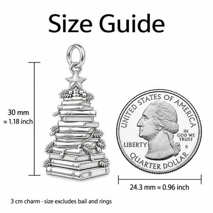 Festive Book Stack Tree Charm Bracelet – Personalized Book Lover Gift – size guide, 3 cm charm next to a quarter