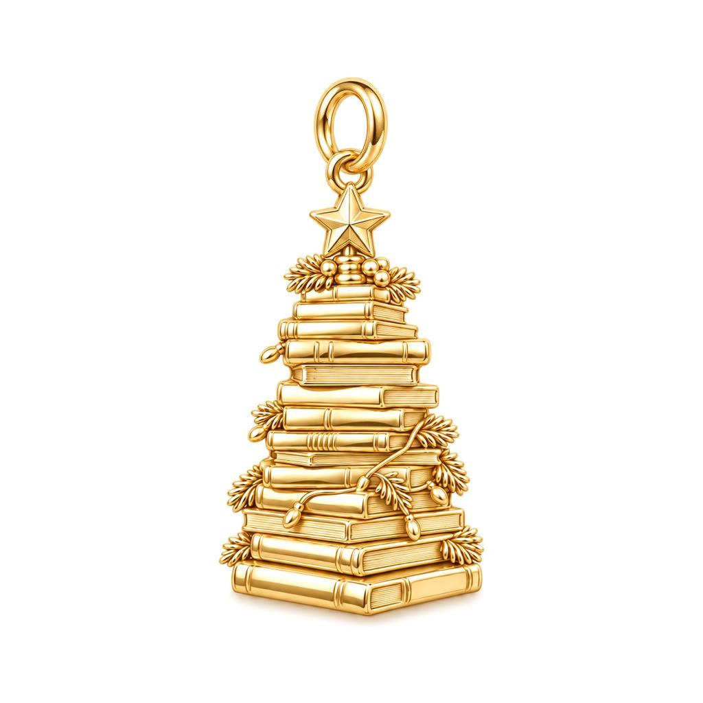 Festive Book Stack Tree Charm Bracelet – Personalized Book Lover Gift – 18K gold plated 3 cm charm, front view