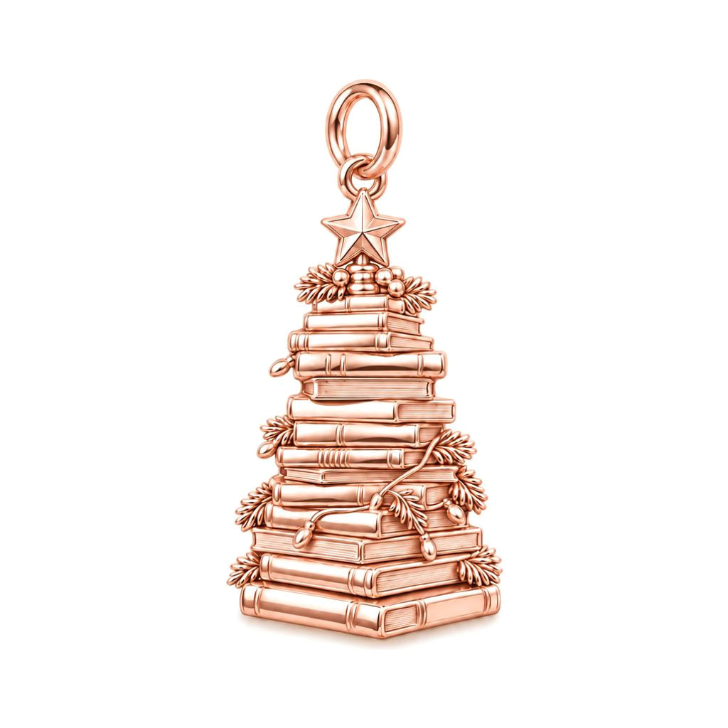 Festive Book Stack Tree Charm Bracelet – Personalized Book Lover Gift – rose gold 3 cm charm, front view