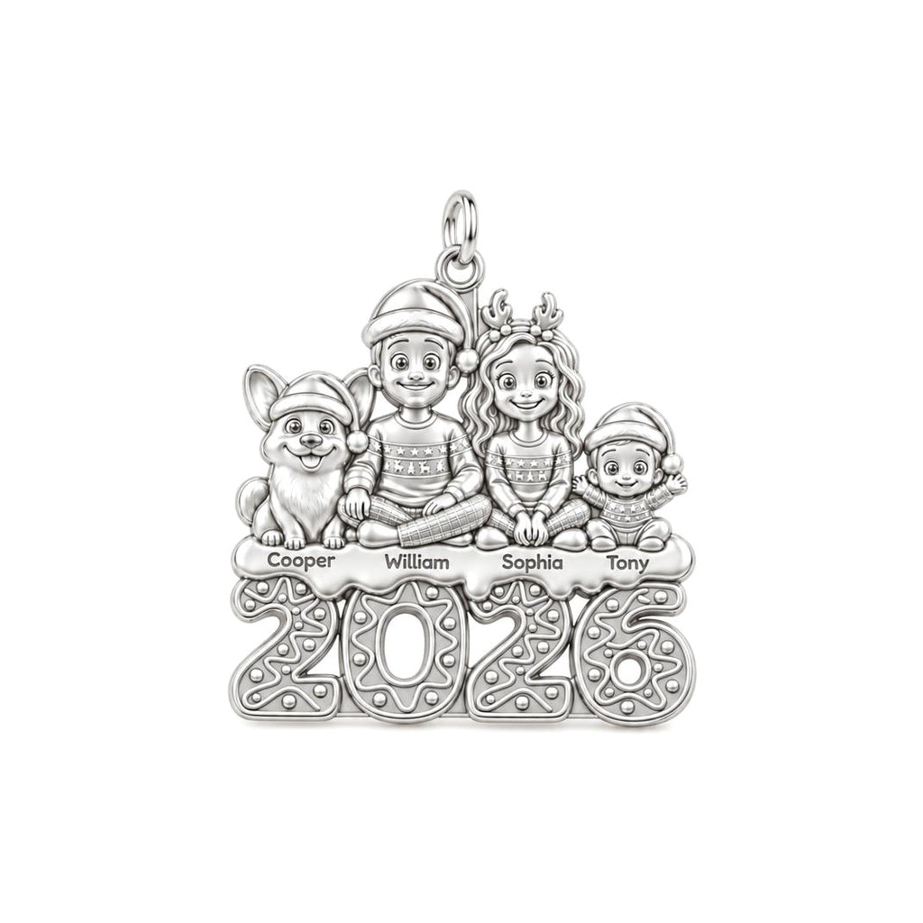 Festive Family 2026 Charm Bracelet – Personalized Mom Gift – silver plated 2 cm charm, front view