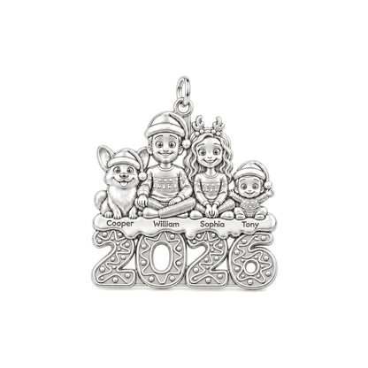Festive Family 2026 Charm Bracelet – Personalized Mom Gift – silver plated 2 cm charm, front view