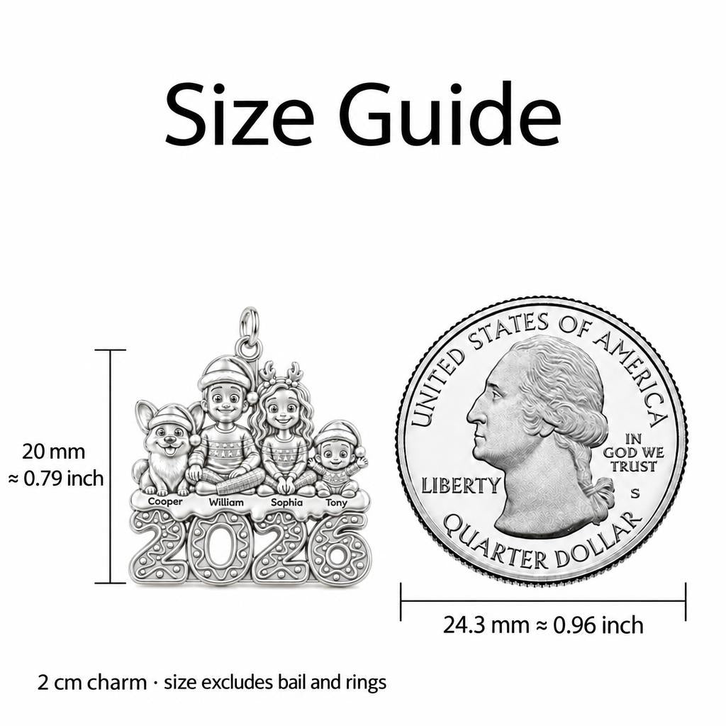 Festive Family 2026 Charm Bracelet – Personalized Mom Gift – size guide, 2 cm charm next to a quarter