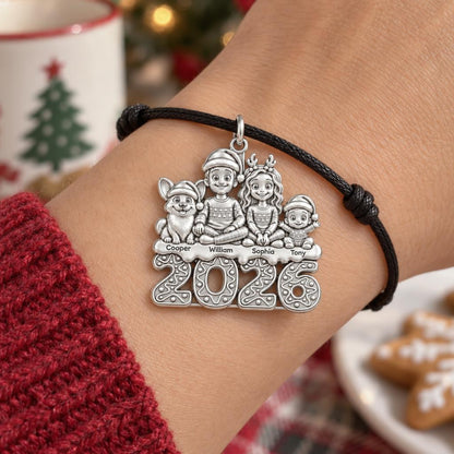 Festive Family 2026 Charm Bracelet – Personalized Mom Gift – worn on the wrist on a black cord bracelet