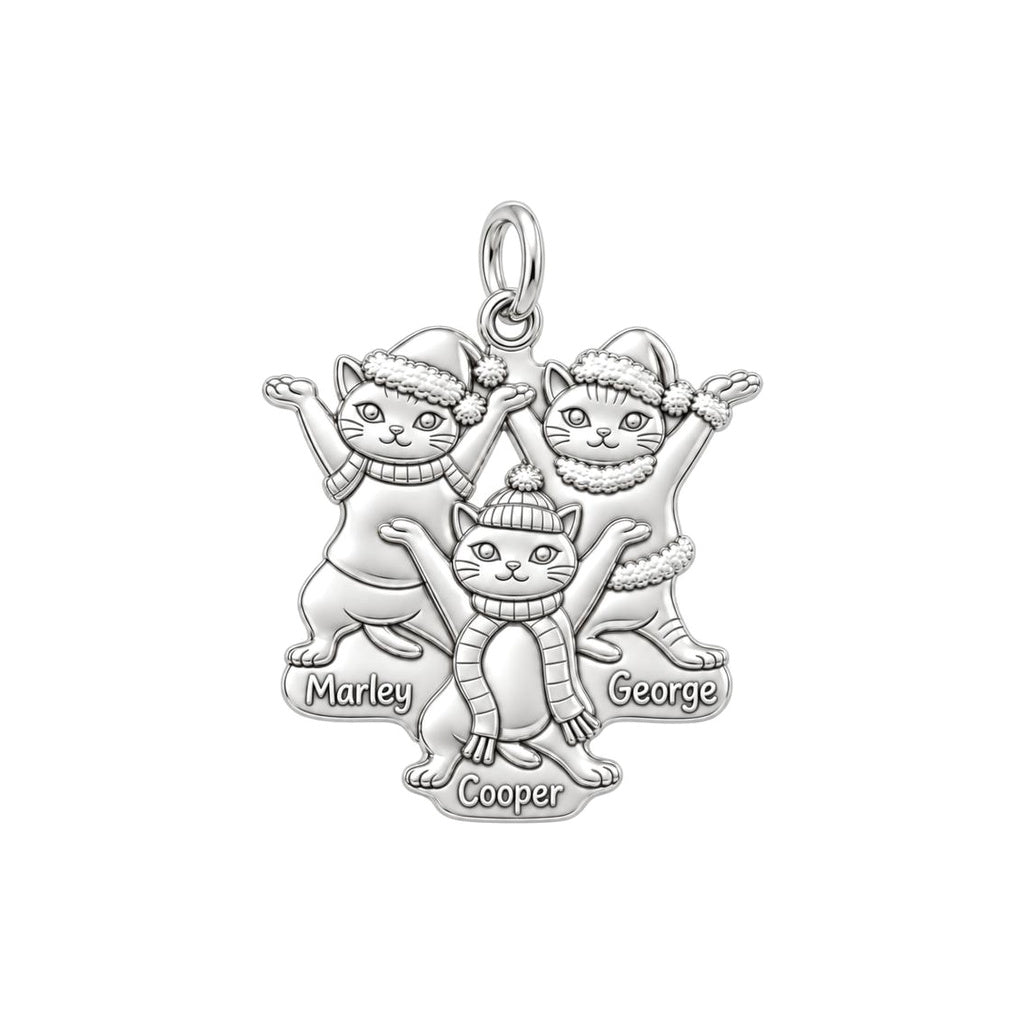 Festive Feline Trio Charm Bracelet – Personalized Cat Mom Gift – silver plated 3 cm charm, front view