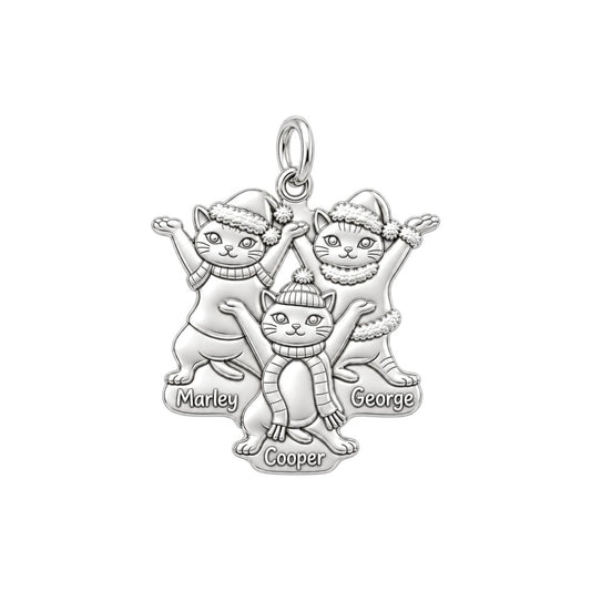 Festive Feline Trio Charm Bracelet – Personalized Cat Mom Gift – silver plated 3 cm charm, front view