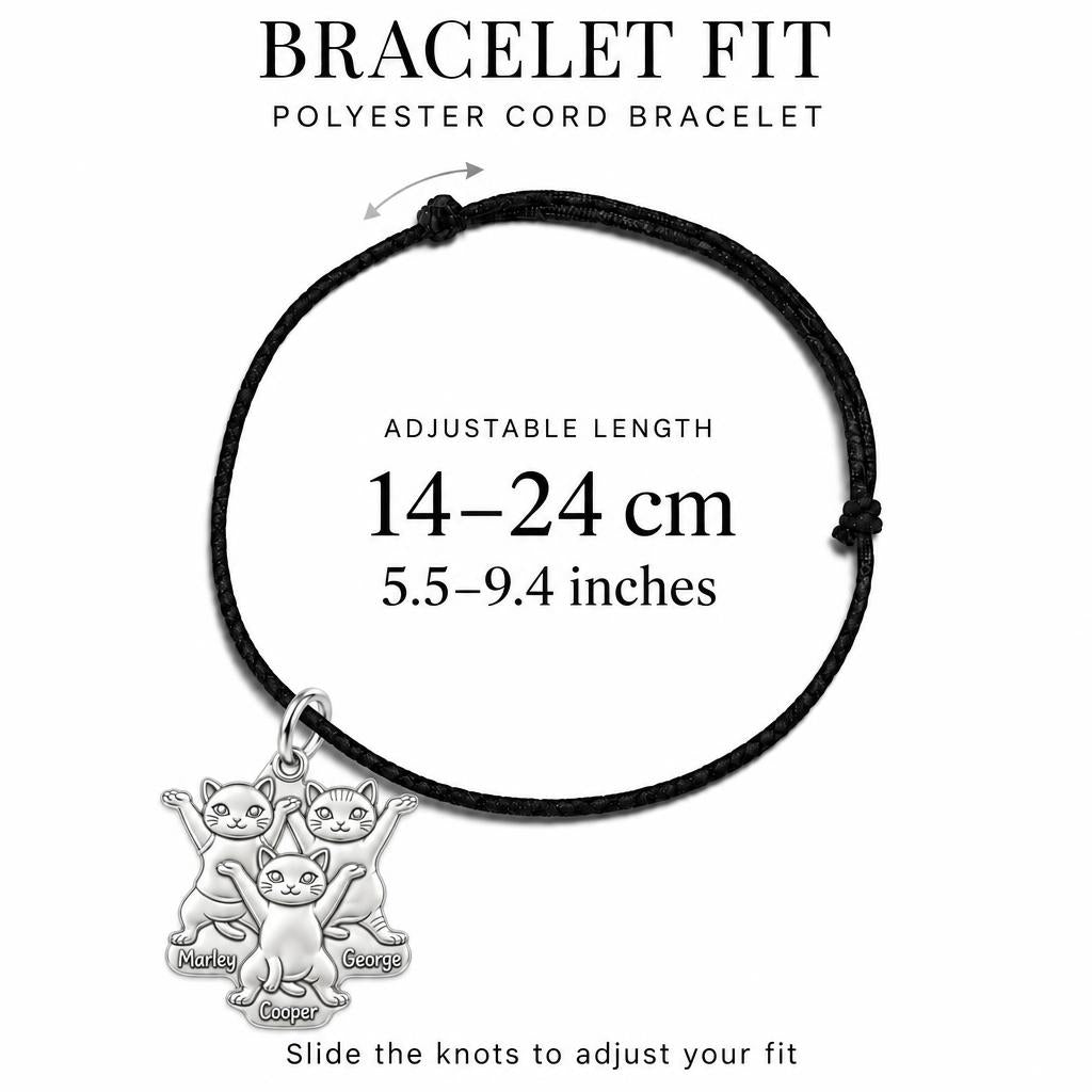 Festive Feline Trio Charm Bracelet – Personalized Cat Mom Gift – adjustable black cord bracelet, 14–24 cm