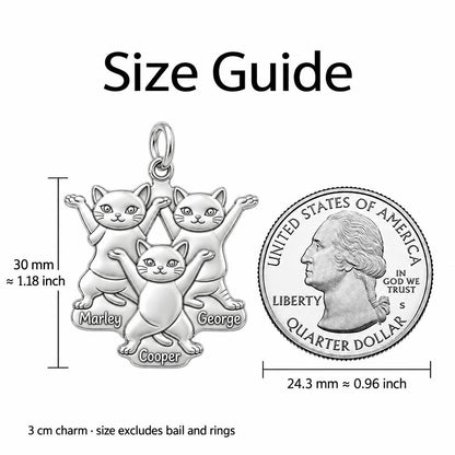 Festive Feline Trio Charm Bracelet – Personalized Cat Mom Gift – size guide, 3 cm charm next to a quarter