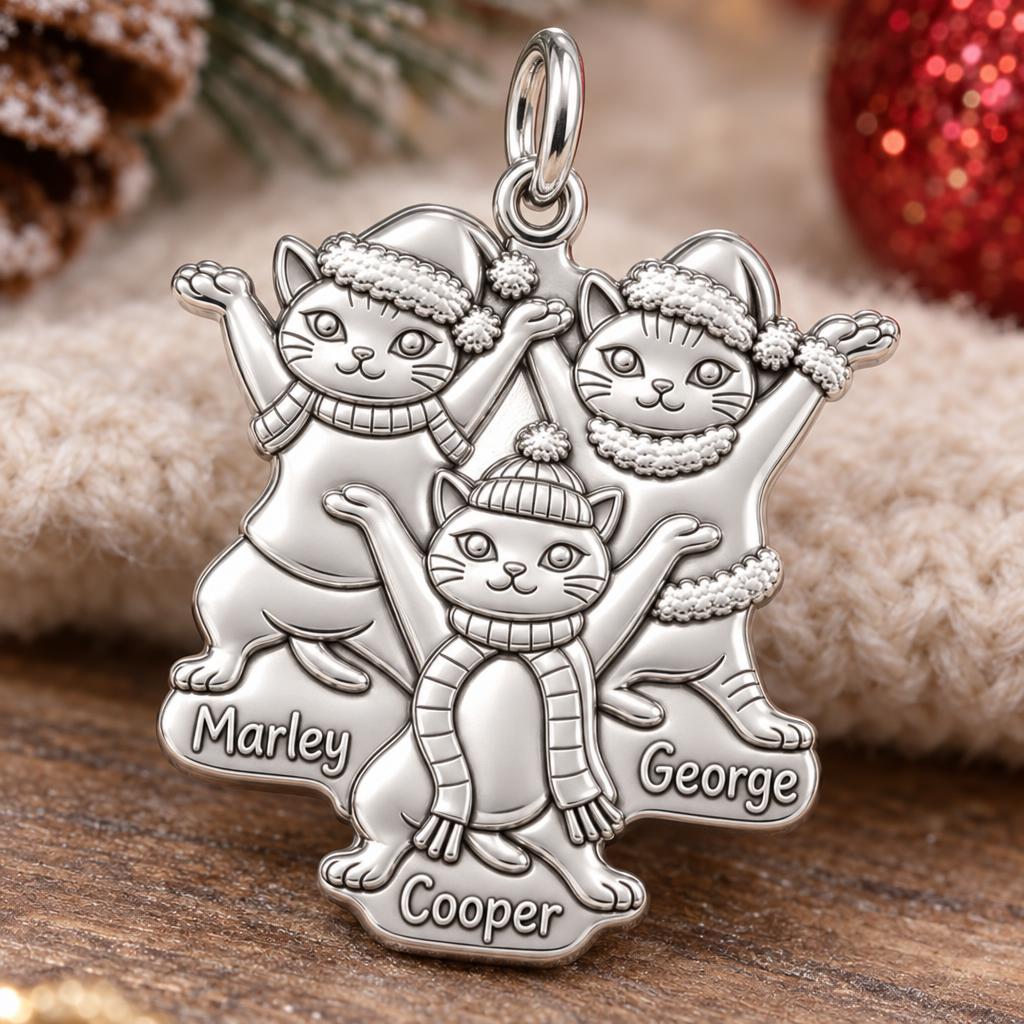 Festive Feline Trio Charm Bracelet – Personalized Cat Mom Gift – macro detail of the charm