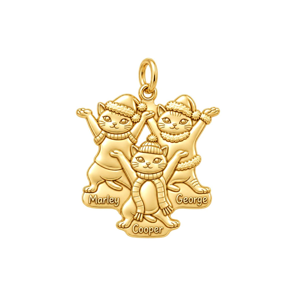 Festive Feline Trio Charm Bracelet – Personalized Cat Mom Gift – 18K gold plated 3 cm charm, front view