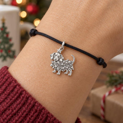 Festive Furry Tree Charm Bracelet – Personalized Dog Mom Gift – worn on the wrist on a black cord bracelet
