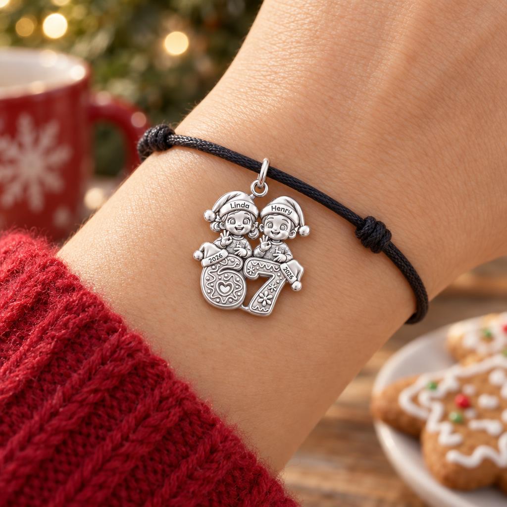 Festive Gingerbread Milestone Charm Bracelet – Personalized Mom Gift – worn on the wrist on a black cord bracelet