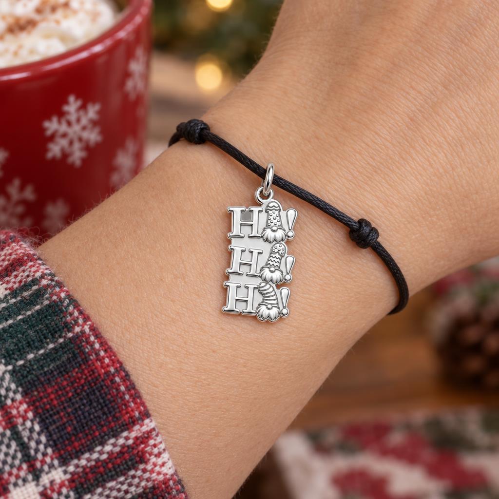 Festive Gnome Ho Ho Ho Charm Bracelet – Personalized Mom Gift – worn on the wrist on a black cord bracelet
