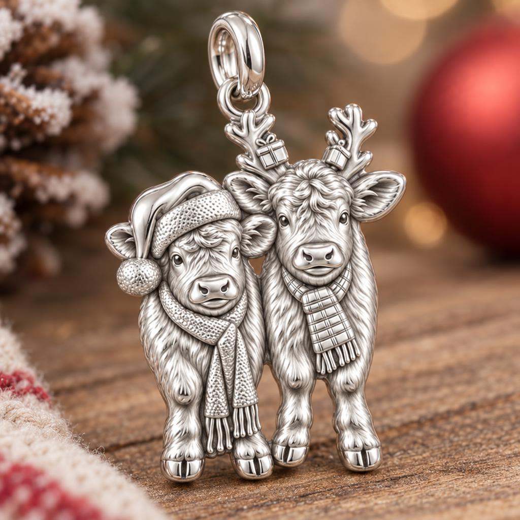Festive Highland Calves Charm Bracelet – Personalized Mom Gift – macro detail of the charm
