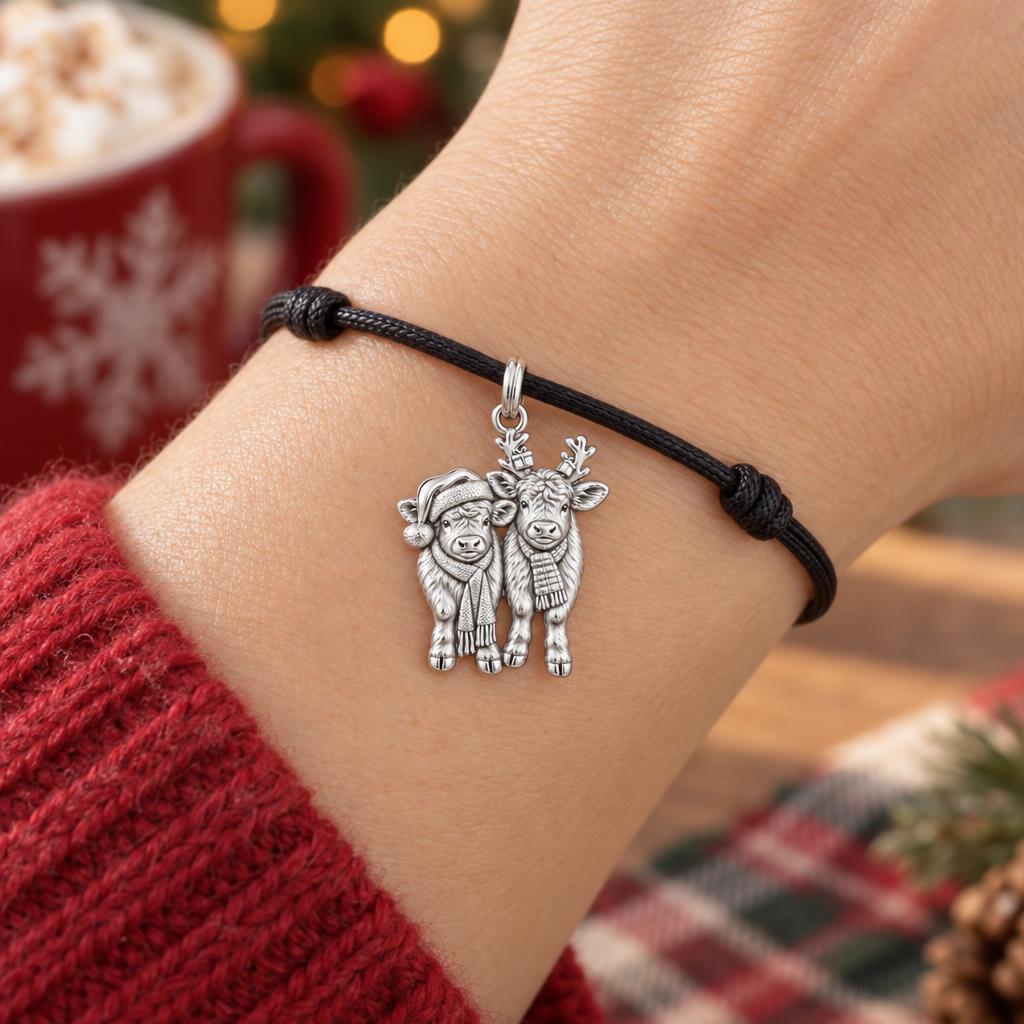 Festive Highland Calves Charm Bracelet – Personalized Mom Gift – worn on the wrist on a black cord bracelet
