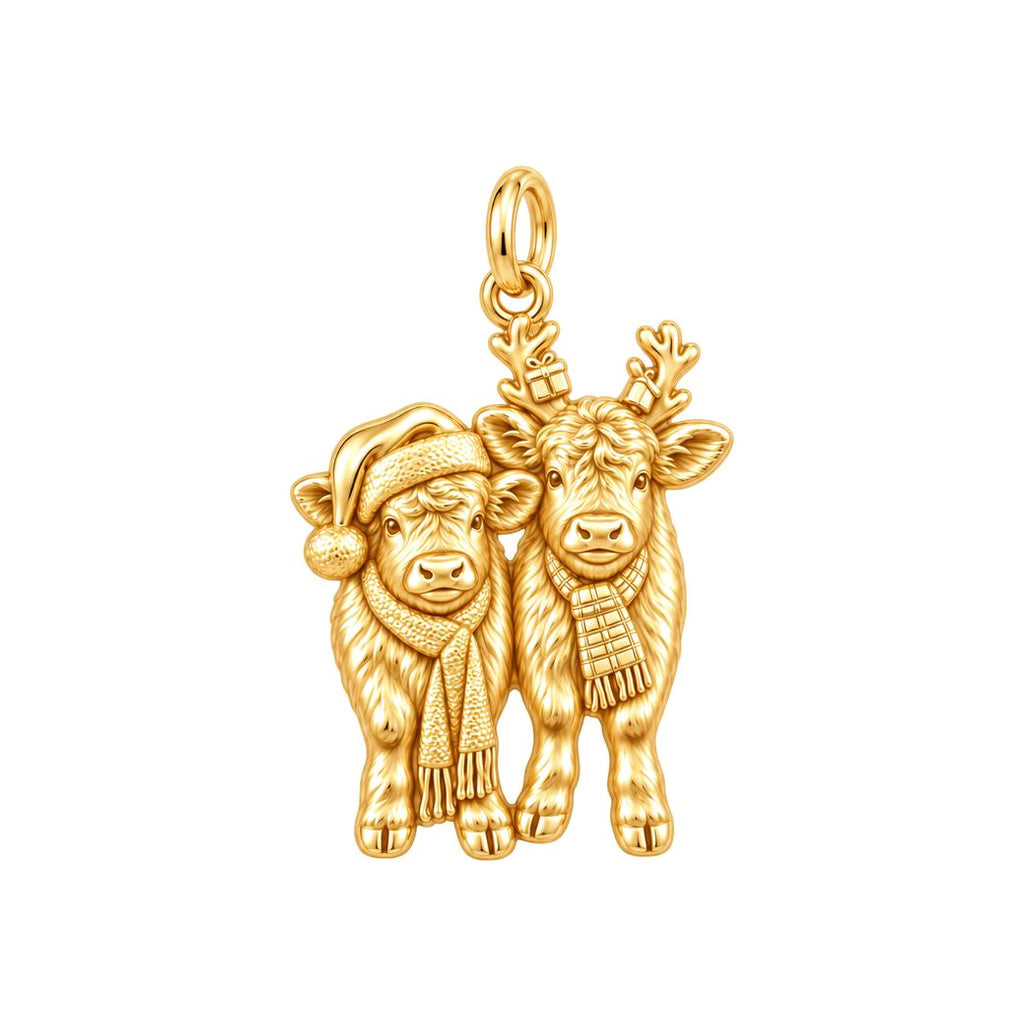 Festive Highland Calves Charm Bracelet – Personalized Mom Gift – 18K gold charm, front view