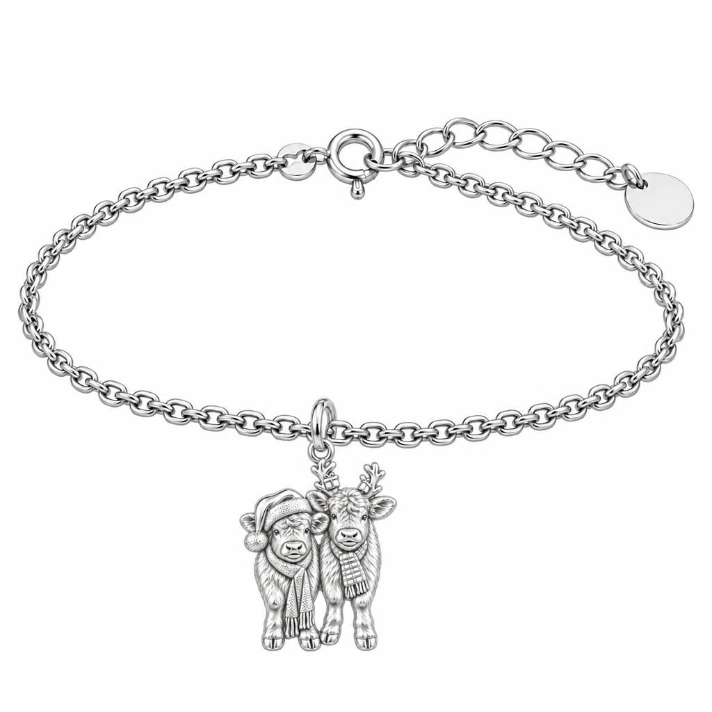 Festive Highland Calves Charm Bracelet Set – silver, front view