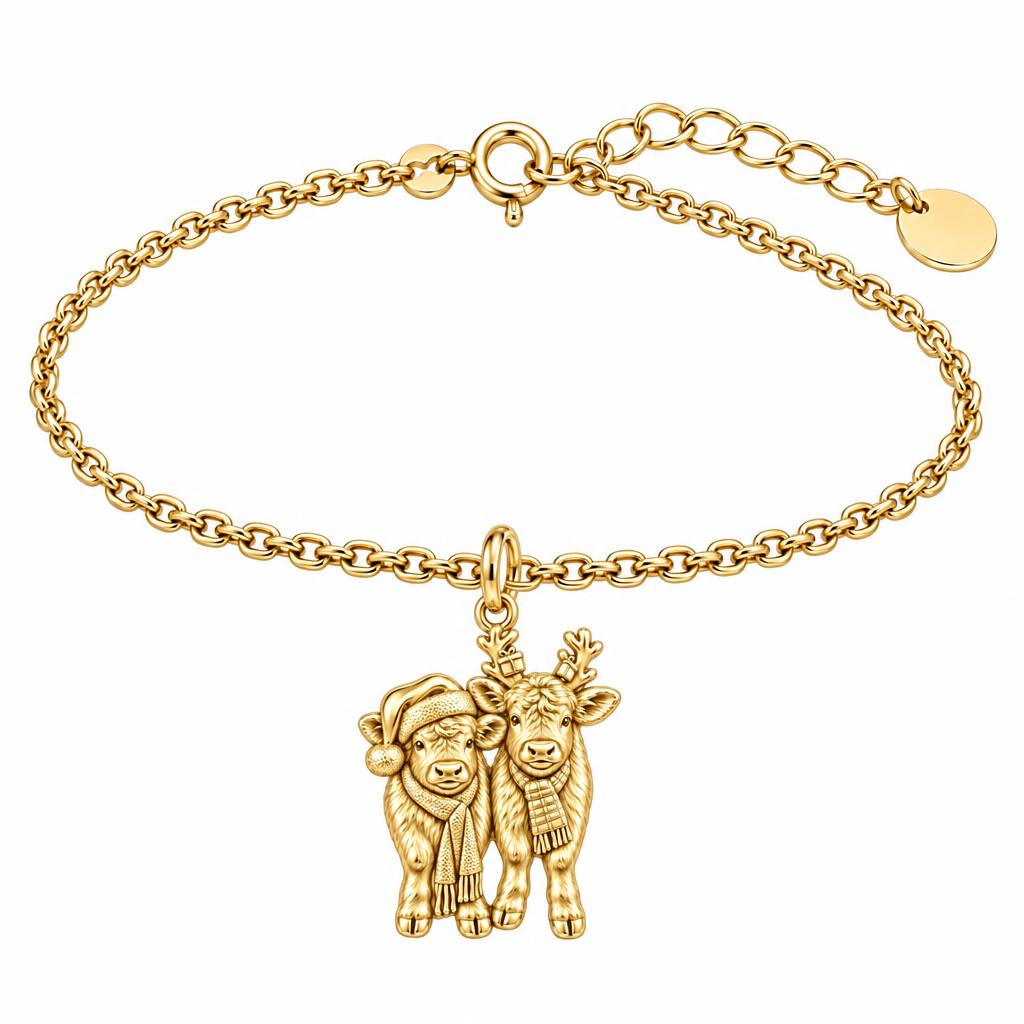 Festive Highland Calves Charm Bracelet Set – 18K gold, front view