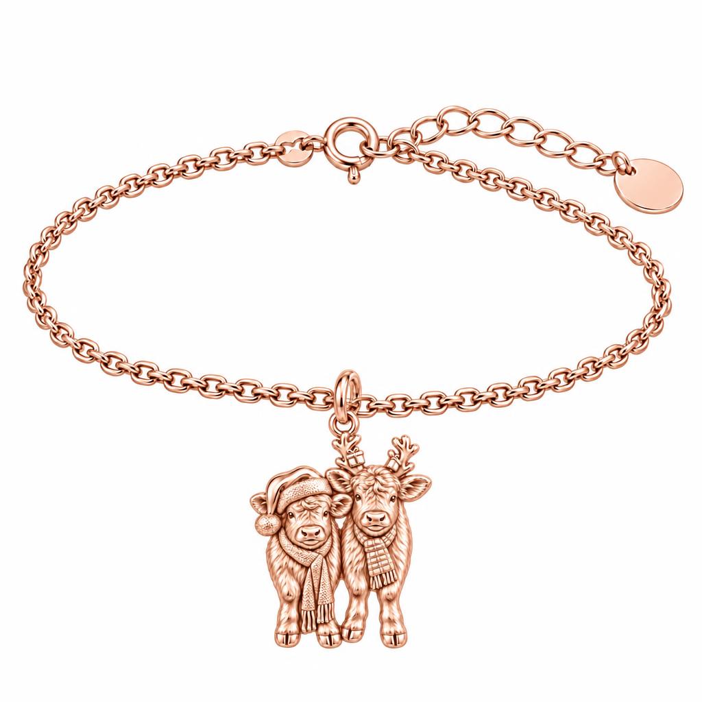 Festive Highland Calves Charm Bracelet Set – rose gold, front view