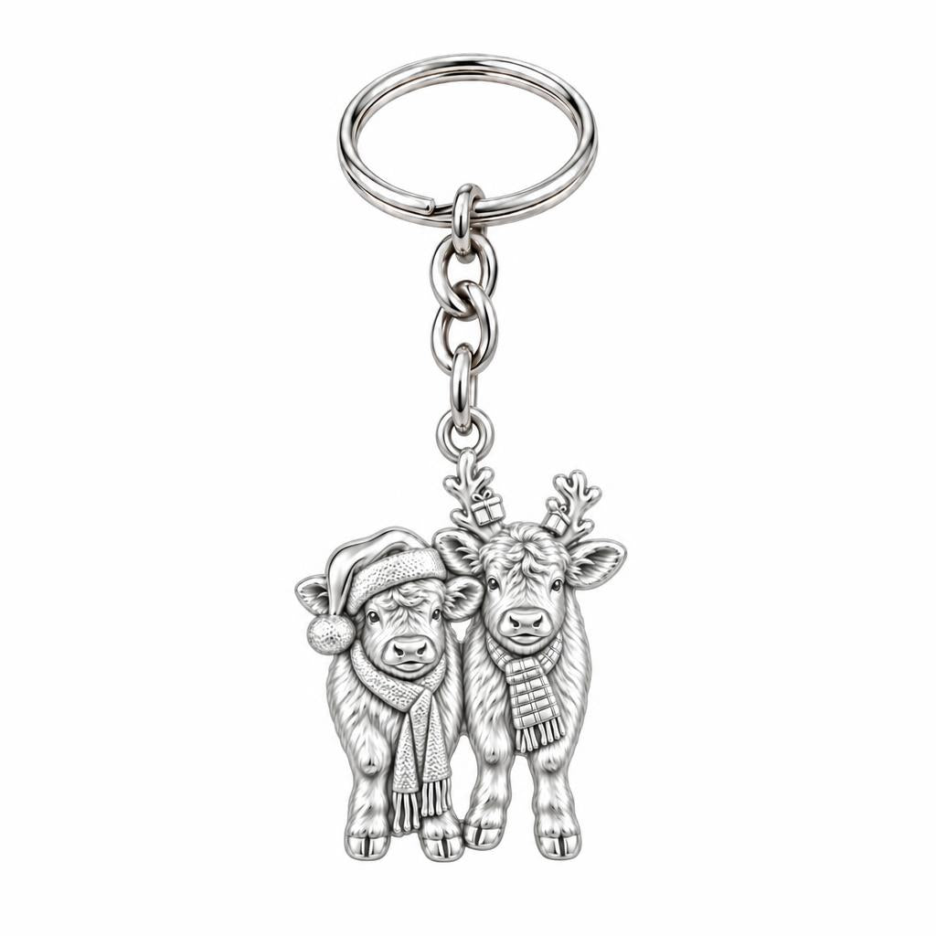 Festive Highland Calves Charm Keychain – silver, front view