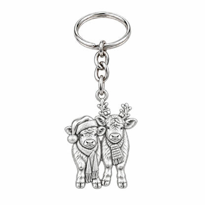 Festive Highland Calves Charm Keychain – silver, front view