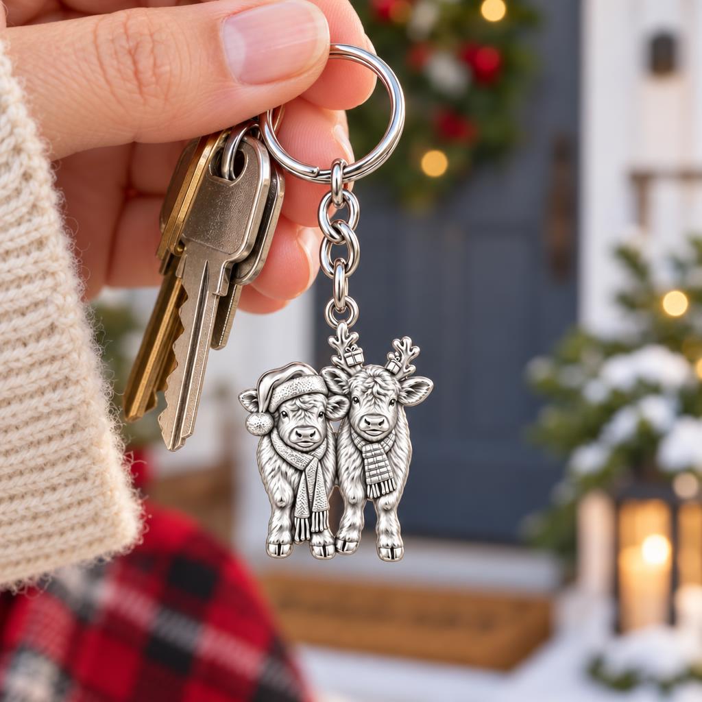 Festive Highland Calves Charm Keychain – worn / in use
