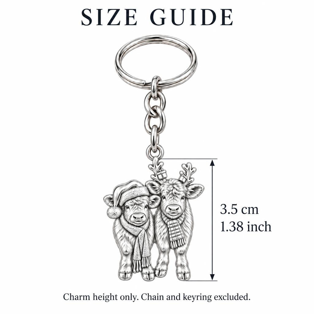 Festive Highland Calves Charm Keychain – size guide, 3.5 cm (1.38 in) charm, chain and keyring excluded