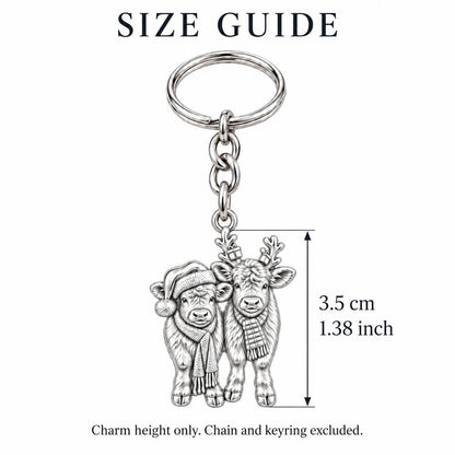 Festive Highland Calves Charm Keychain – size guide, 3.5 cm (1.38 in) charm, chain and keyring excluded