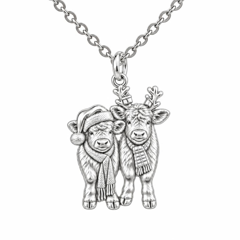 Festive Highland Calves Charm Necklace Set – silver, front view
