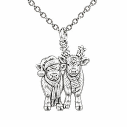 Festive Highland Calves Charm Necklace Set – silver, front view
