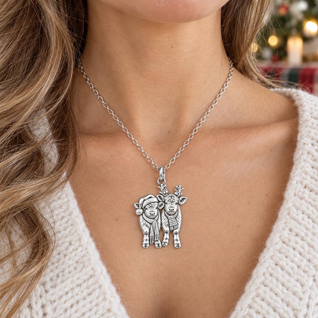 Festive Highland Calves Charm Necklace Set – worn / in use