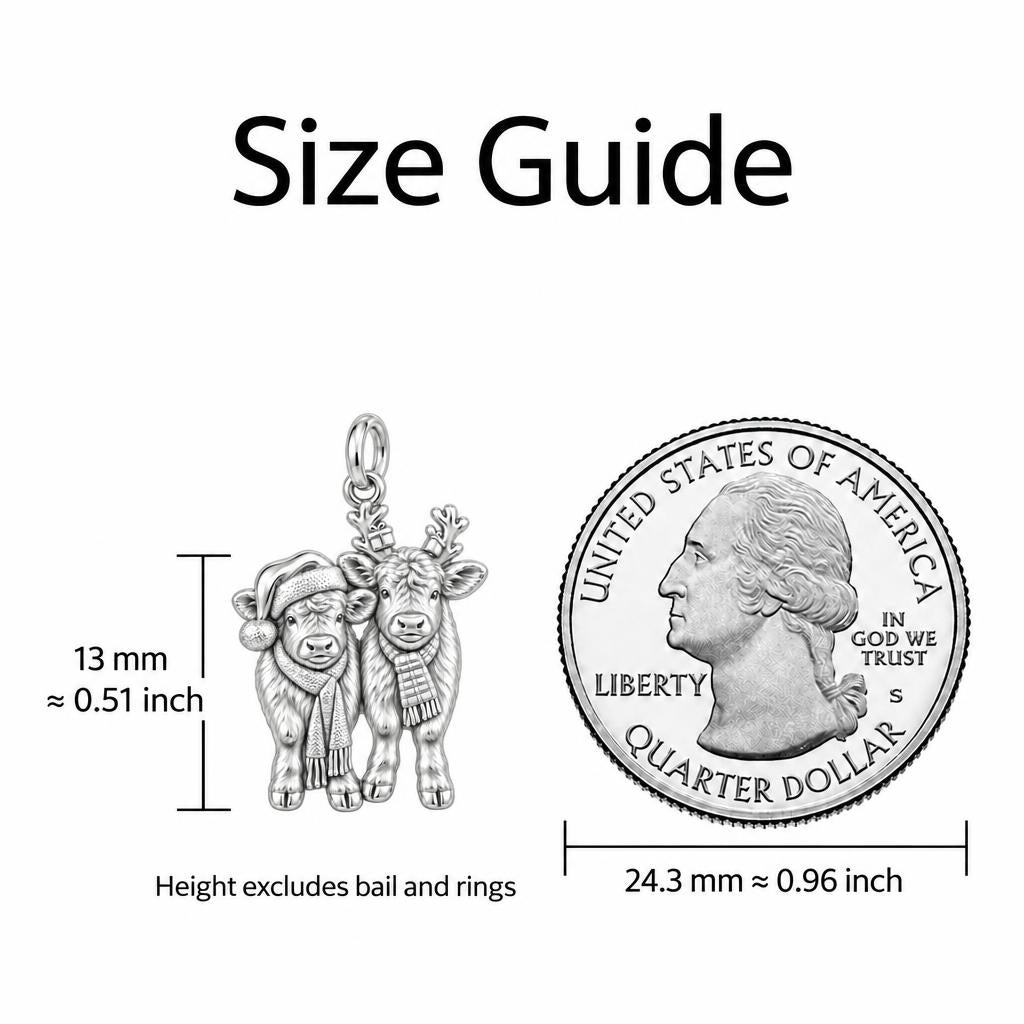 Festive Highland Calves Charm Necklace Set – size guide, 13 mm charm next to a quarter