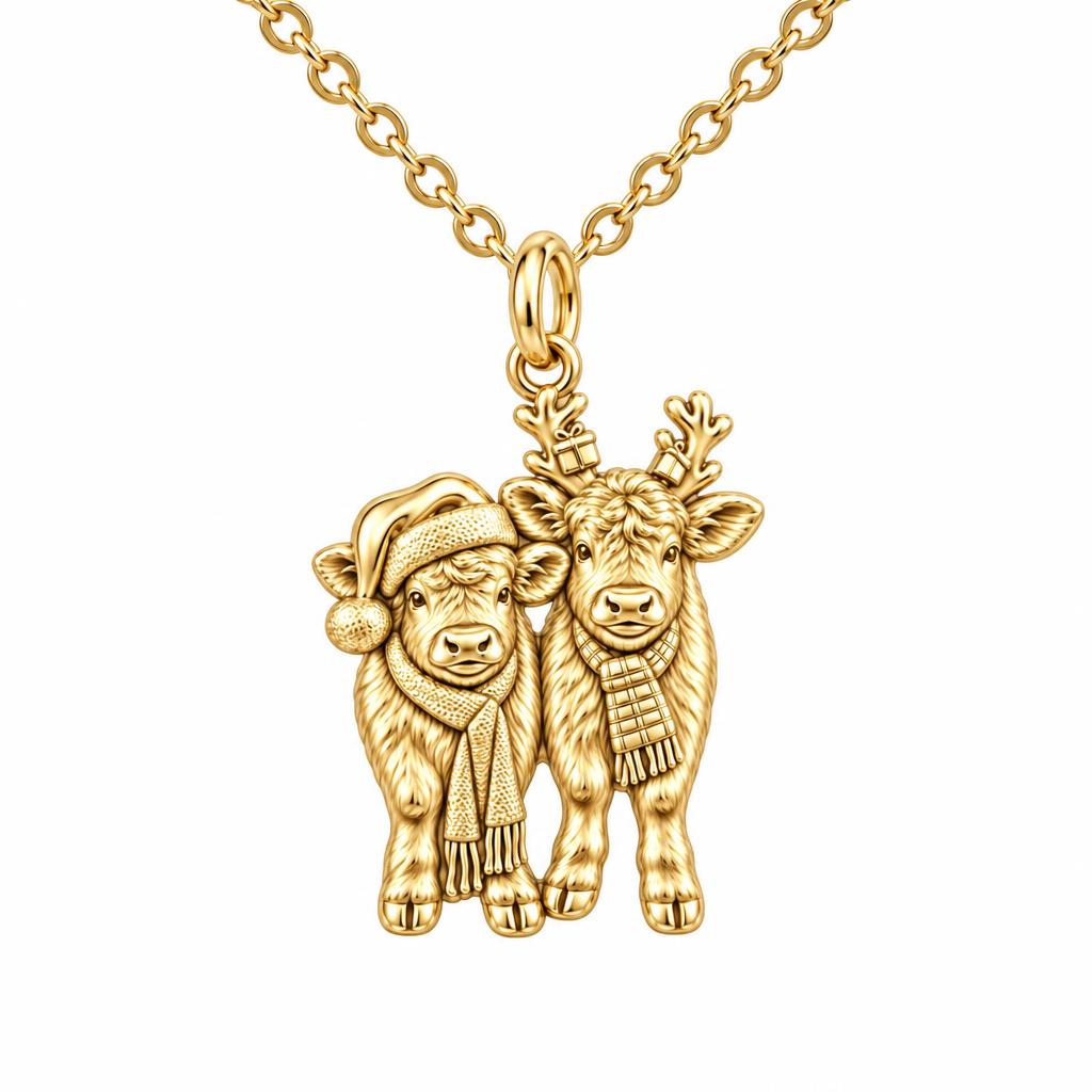 Festive Highland Calves Charm Necklace Set – 18K gold, front view
